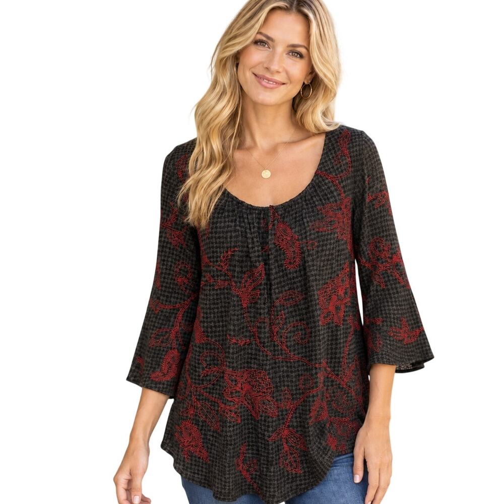 Lucky Brand Houndstooth Top Womens Large Gray Red Paisley Embroidery Peasant